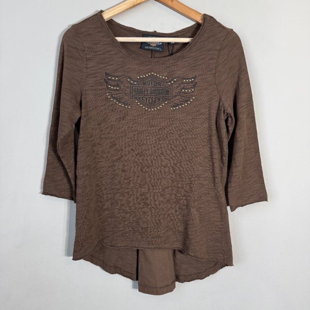 Harley-Davidson Studded Logo Split Back Knit Top Womens XS Brown Biker Retro NWT - Picture 3 of 13